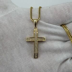 925 Sterling Silver 18K Gold Plated Cross Pendant Iced  CZ 6g Unisex